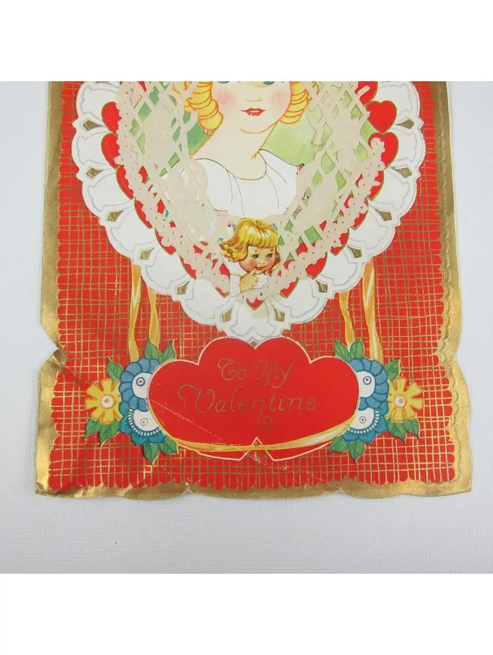 Antique Valentine Art Deco Blonde Girls Boy Flowers Gold Embossed Die cut Bifold